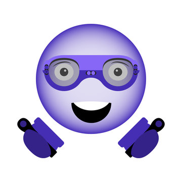 Vector image of a happy smiley in virtual reality glasses of a new generation with controllers in hands in ultra violet color.