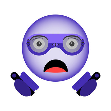 Vector image of a surprised smiley in virtual reality glasses with a new generation of controllers in hand in the ultraviolet color.