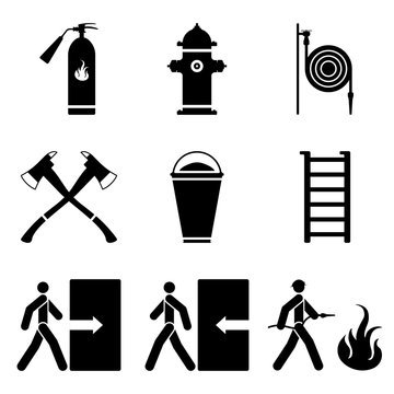 Vector image of fire extinguishing icons - fire extinguisher, fire hydrant, fire hose, ax, sand, ladder. Flat.