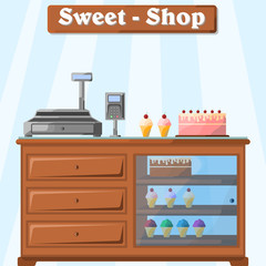 Vector illustration of a counter with sweets from the seller, with a cash register, a cashless payment terminal and scanner. Pies, cakes. Pattern, flat. vector