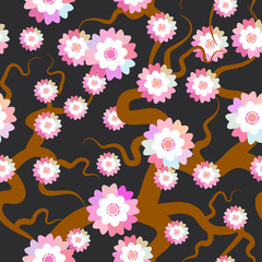 Sakura flowers seamless pattern Nature background with blossom branch of pink flowers. Cherry tree brown branches japanese pattern pastel colors on black background. Vector