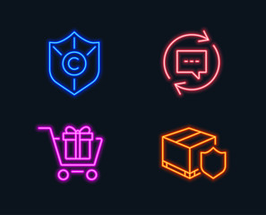 Neon lights. Set of Update comments, Shopping cart and Ð¡opyright protection icons. Delivery insurance sign. Chat speech bubble, Gift box, Shield. Parcel protection.  Glowing graphic designs. Vector