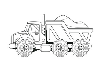 Truck with Sand Side View Coloring Book. Line Art.