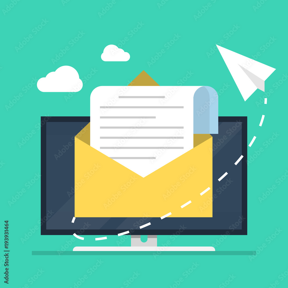 Poster e-mail marketing. the concept of an open e-mail with a nested document against the backdrop of a com