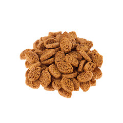 Heap crunchy brown rye croutons isolated on white background. Fast food template for menu, advertising, cover.