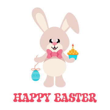 cartoon easter bunny with tie and easter egg and cake with text