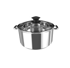 pan chrome metallic strong reflection glass cover plastic handle cooking utensils white background...