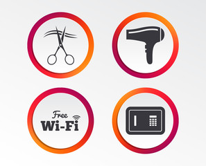 Hotel services icons. Wi-fi, Hairdryer and deposit lock in room signs. Wireless Network. Hairdresser or barbershop symbol. Infographic design buttons. Circle templates. Vector