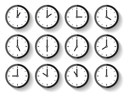 Clock icon set in flat style, timer on white background. Twelve o'clock. Business watch. Vector design element for you project