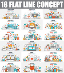 Modern set of flat line concept web banner of Cloud Computing, E-Banking, E-Commerce, Marketing, Teamwork, Education, Development. Conceptual vector illustration for web and graphic design, website.