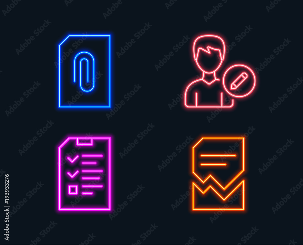 Poster neon lights. set of edit person, attachment and interview icons. corrupted file sign. change user in
