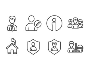 Set of Security, Businessman and Edit user icons. Teamwork, Security agency and Cleaning service signs. Private protection, User data, Profile data. Group of users, People protection, Bucket with mop