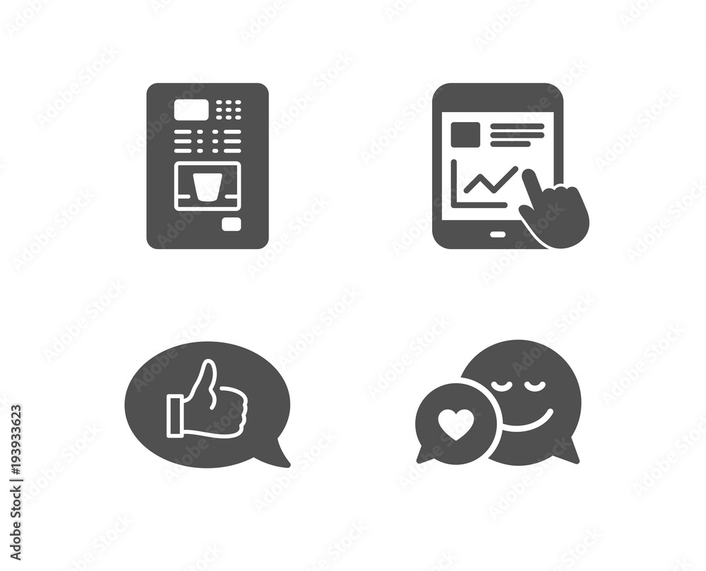 Poster set of internet report, feedback and coffee vending icons. dating sign. web tutorial, speech bubble,