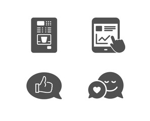Set of Internet report, Feedback and Coffee vending icons. Dating sign. Web tutorial, Speech bubble, Coffee vending machine. Love messenger.  Quality design elements. Classic style. Vector
