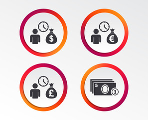 Bank loans icons. Cash money bag symbols. Borrow money sign. Get Dollar money fast. Infographic design buttons. Circle templates. Vector