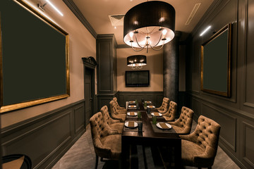 view of stylish empty cafe with arranged tables and chairs for visitors