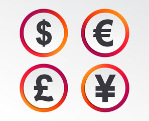 Dollar, Euro, Pound and Yen currency icons. USD, EUR, GBP and JPY money sign symbols. Infographic design buttons. Circle templates. Vector