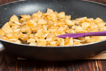 Caramelized Apples On Frying Pan. Cooking Process.