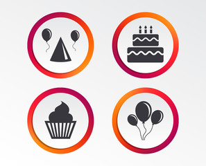 Birthday party icons. Cake, balloon, hat and muffin signs. Celebration symbol. Cupcake sweet food. Infographic design buttons. Circle templates. Vector