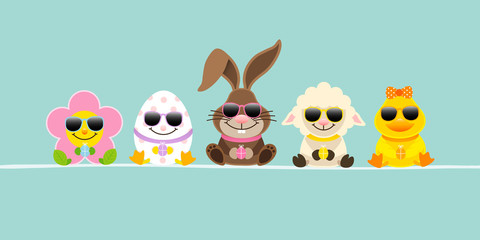 Fototapeta premium Easter Rabbit & Friends Sunglasses Retro Banner