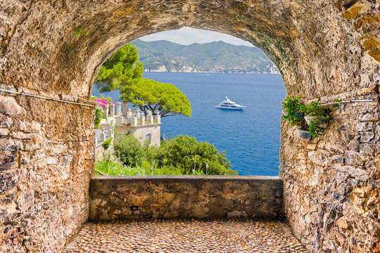 Rock balcony with seascape view of Portofino, Ligurian Coastline, Italy