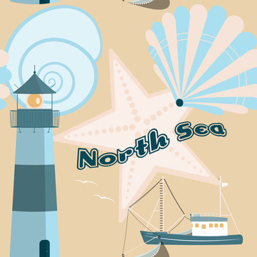 Pattern background. Seamless pattern of North Sea with shells, fisher boat and lighthouse in trendy pastel color tones. Text : North Sea