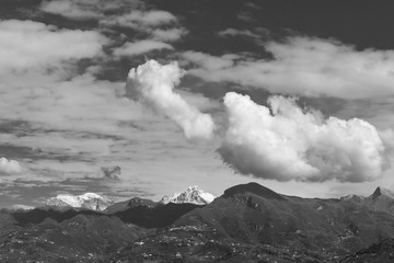 Black and white view of the Apuan Alpes from Viareggio, Lucca, Tuscany, Italy