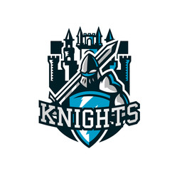 Colorful logo, knight s emblem in iron armor. A warrior of the Middle Ages, a knight holds a shield and a sword, swordsman, castle, fortess, warrior, defender, lettering. Vector illustration