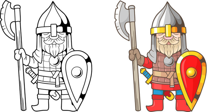 cartoon, funny, medieval russian warrior, coloring book