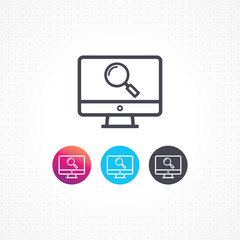 Computer screen icon. Monitor with magnifying glass vector. Monitoring line vector icon. Computer screen for website and apps