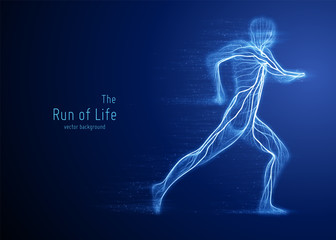 Vector running man constructed with blue lines and flowing particles. Concept of speed and progress in motion. Intricated human silhouette.