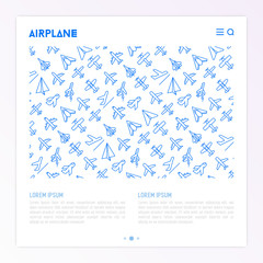 Airplane concept with thin line icons: agricultural aircraft, passenger's plane, military aviation, paper plane. Top, side, front views. Modern vector illustration for print media, banner, web page.