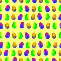 Seamless watercolor pattern.Colourful eggs on yellow background.Bright hand drawn illustration. Decorative Happy Easter template.Design for wallpaper, greeting card, wrapping, web, poster, textile.