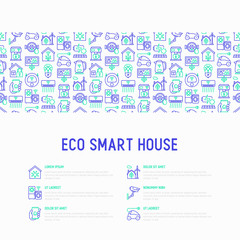 Fototapeta na wymiar Eco smart house concept with thin line icons: solar battery, security, light settings, appliances, artificial intelligence, mobile app control. Energy saving and new technologies vector illustration
