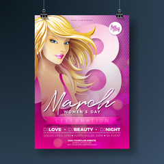 Women's Day Party Flyer Illustration with Sexy Blondie Girl and 8 March Typography on Pink Background. International Female Holiday Design for Celebration Poster, Banner or Invitation.
