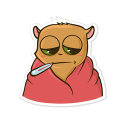 Sticker for messenger with funny animal. Hamster with a thermometer in his mouth. High temperature, fever, sickness icon. Vector flat illustration, isolated on white background.