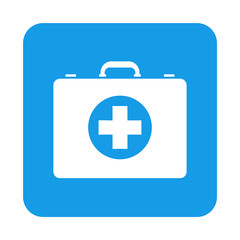 Icono plano botiquin en cuadrado azul
