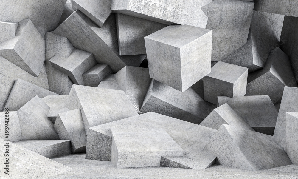 Wall mural abstract 3d background of a series of randomly placed concrete cubes. geometric and polygonal shapes