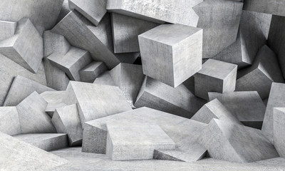 abstract 3d background of a series of randomly placed concrete cubes. geometric and polygonal shapes. nobody around. horizontal format. - obrazy, fototapety, plakaty