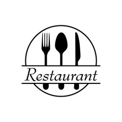 Icono plano Restaurant con cubiertos y circulo en color negro
