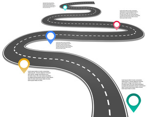 3d itinerary planning infographic, important turns, road traffic, trip navigation illustration for travellers with pin-pointers for road stops or special locations.