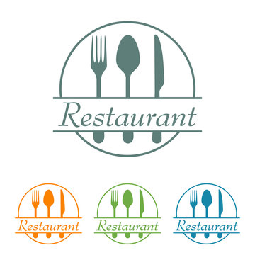 Icono plano Restaurant con cubiertos y circulo en varios colores