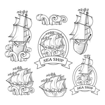 Sailing Ship. Retro Cargo Ship. Sailing ship. Sailing boat logo. Sea company vector logo design template. Color vector illustration