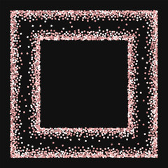 Pink gold glitter. Square chaotic frame with pink gold glitter on black background. Delightful Vector illustration.