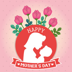 happy mothers day card with mom and baby silhouette vector illustration design