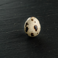 Quail eggs on black stone background. Organic product.