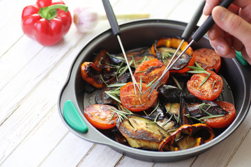Vegetables grilled pan fried eggplant and tomatoes