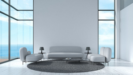 Modern interior living room wood floor white texture wall with gray sofa and chair window sea view summer template for mock up 3d rendering. minimal living room design