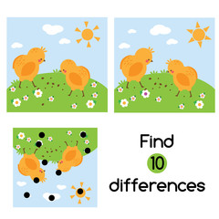 Find the differences educational children game. Kids activity sheet with chickens on grass