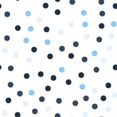 Colorful polka dots seamless pattern on white 15 background. Majestic classic colorful polka dots textile pattern. Seamless scattered confetti fall chaotic decor. Abstract vector illustration.